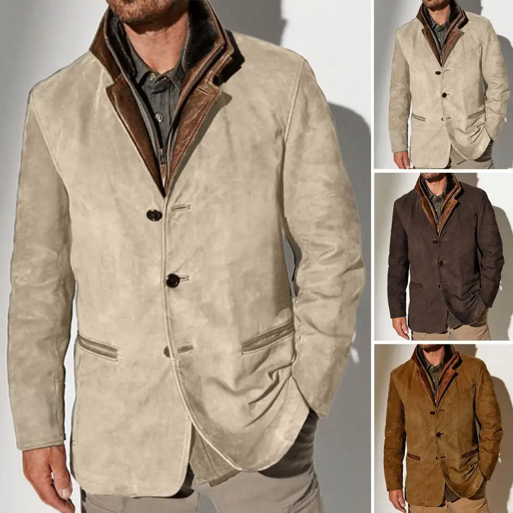 Retro Style Men Jacket Men's Retro Patchwork Cardigan Coat with Plush Lining Fake Pockets Stylish Winter Jacket for Plus Size