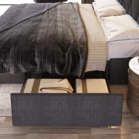 Мягкая кровать с функцией USB-зарядки, изголовьем и 4 ящиками, двуспальная кровать, каркас кровати для хранения вещей, деревянное решетчатое основание. — изображение 4