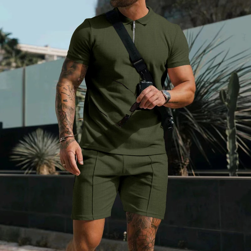 Summer Fashion Waffle Fabric Men's Clothing Comfortable Breathable Casual Lapel Short-sleeved Polo Shirt Shorts Two-piece Set