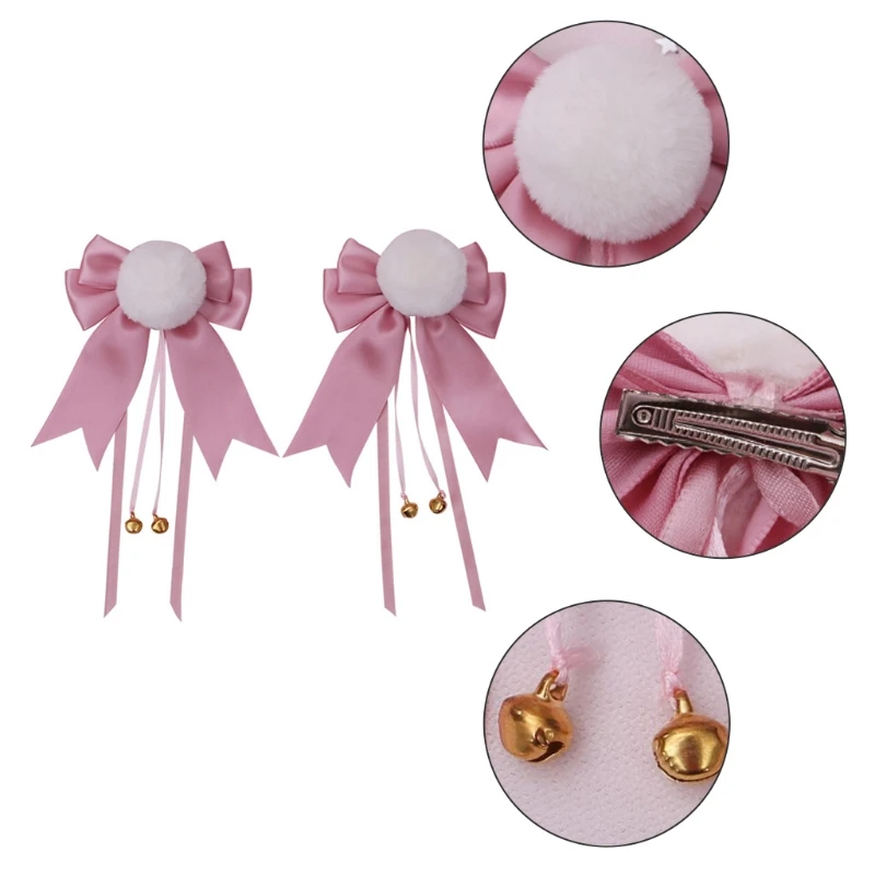 Cute Pompom Ball Hair Clips 2Pcs with Bowknot Bell/Tassel Sweet Faux Fur Animal Ears Hairpin Anime Lolita Barrette Cosplay Decor hair accessories,anime cosplay props