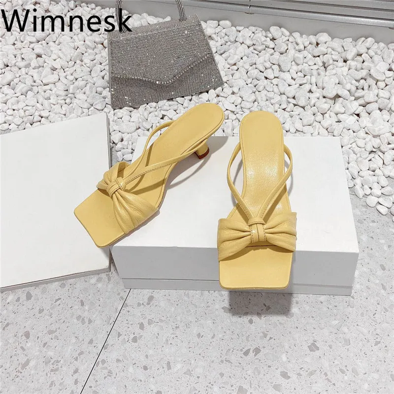 

Summer New Square Toe Open Toe Women Slippers Butterfly-Knot Women Shoes Sweet Real Leather Concise High Heels Fashion Slippers