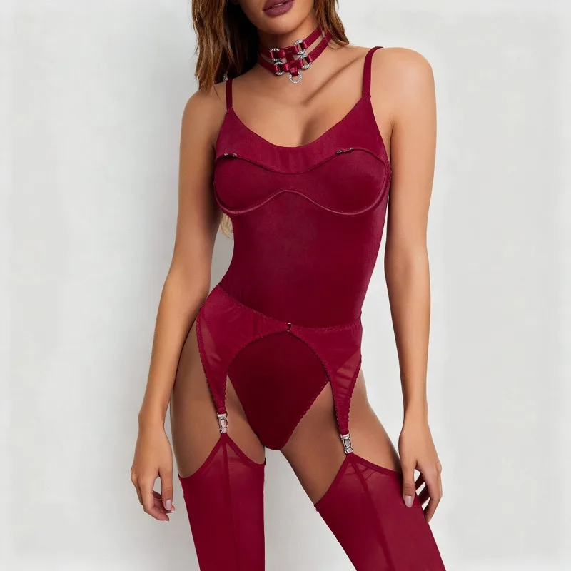 Close-up of plunge neckline with strap detail, smooth fabric, and sleek bodysuit finish