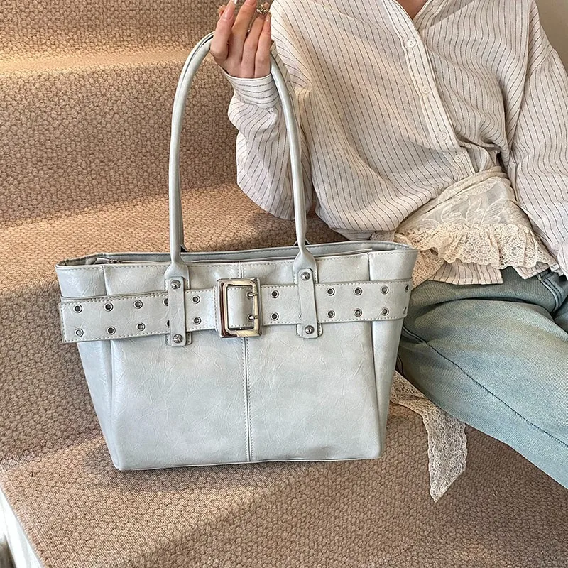 2025 New Women's Leather Biker Belt Tote Bag Large Capacity PU Shoulder Handbag Fashion Commuter Bag