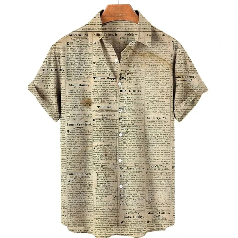 Camisa retro de manga corta para hombre, periódicos antiguos impresos en 3D, diseño de botones informal y moderno para ropa de calle y hogar