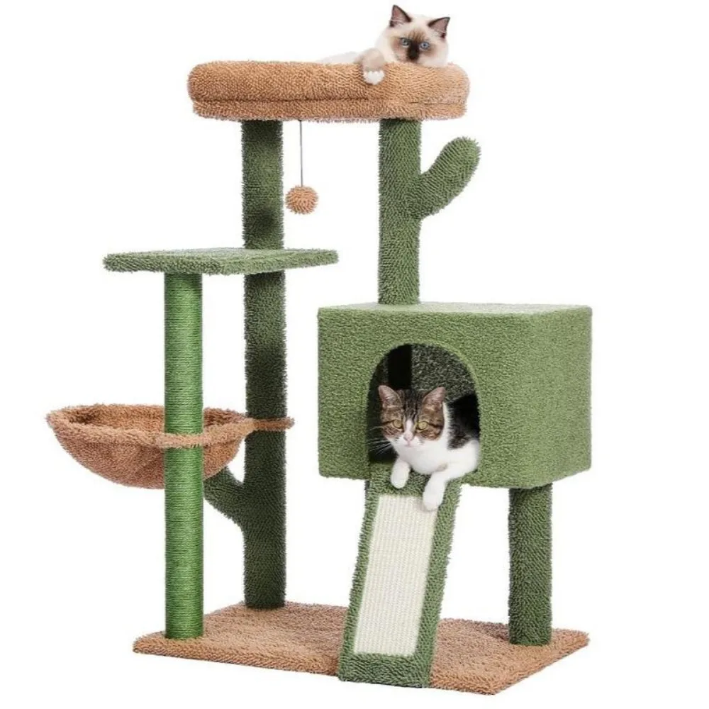 

Cat Tree for Indoor Cats with Free InteractiveToy, Cat Tower Self Groomer Brush, Sisal Scratching Post, Dangling Ball for Small