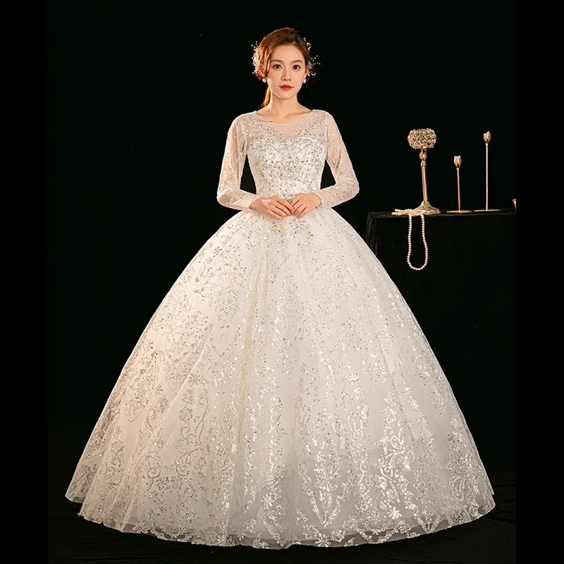 

Женское свадебное платье It's yiiya, белое блестящее платье с длинным рукавом, круглым вырезом и шнуровкой на лето 2019