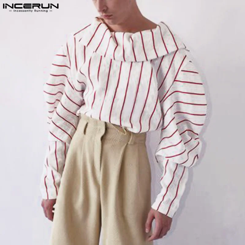 

Casual Stylish Style Tops INCERUN Men's Striped Large Lapel Blouse Streetwear All-match Male Loose Long Sleeve Shirts S-5XL 2023