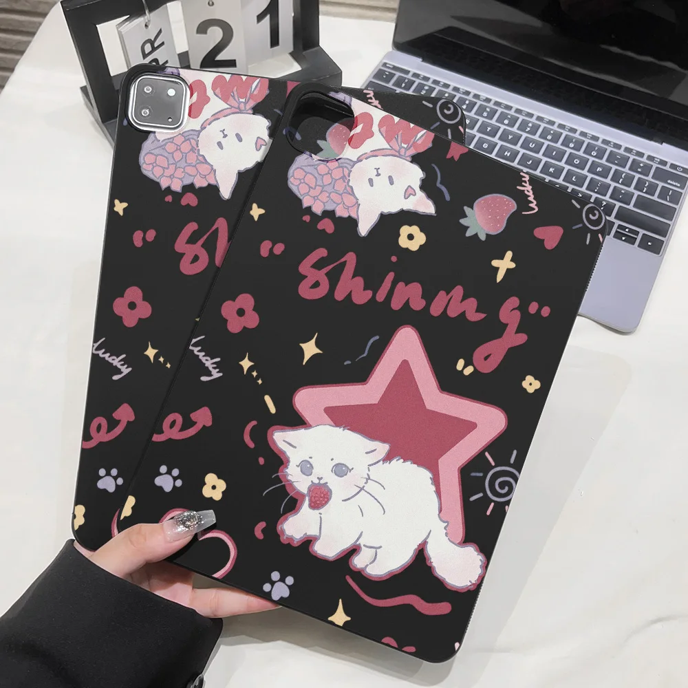 Matte Painted Rectangular Shell with Sweet Strawberry Cat Design