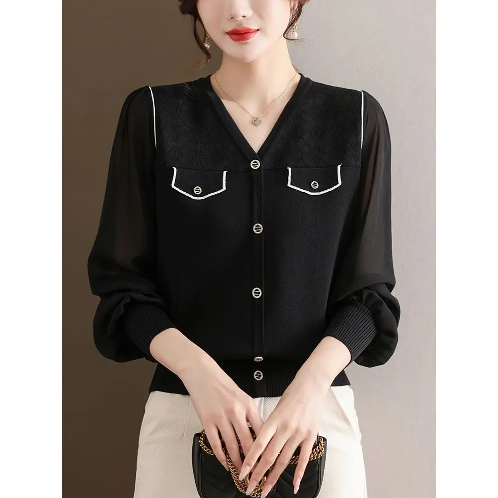 2023 Spring New Lace Ice Top Reduces Age and Appears Slim and Fashionable V-neck Long Sleeve Popularity Wild Solid Thin Knit