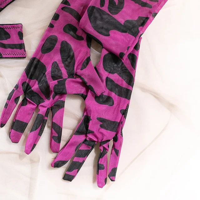 Pink Leopard Print Lingerie Set with Gloves and Stockings 25
