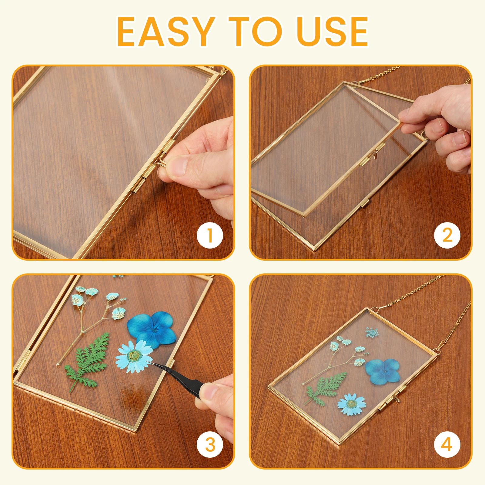 4Pcs Double Glass Frame with Chain Hanging Picture Frame Flower Pressed Dried Flowers Glass Frame Wall Decor