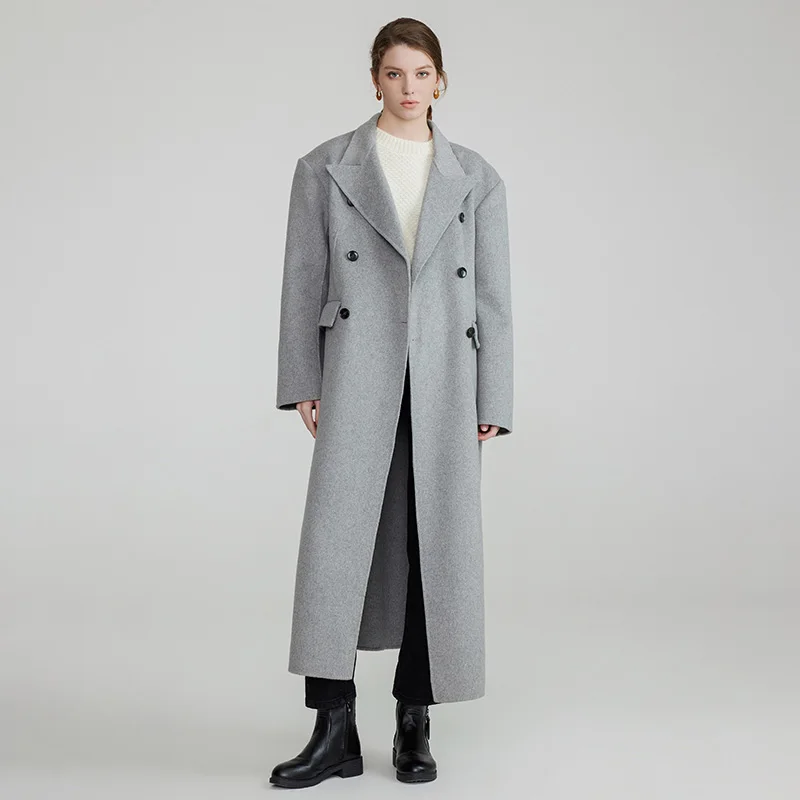 MMM「coat with elongated necklines」44 Winter Long Real Wool Coat Soft Warm Coat Women Blazer Pocket