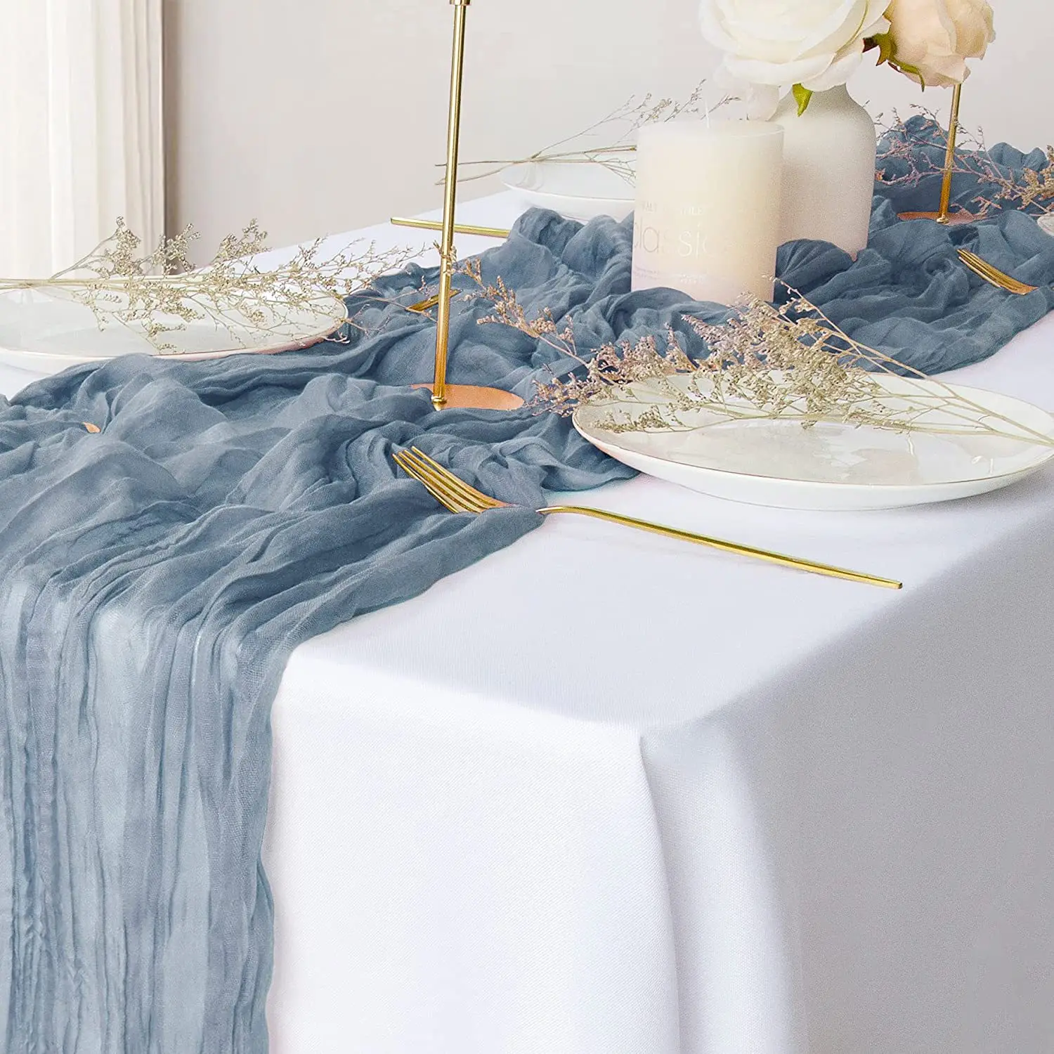 Semi-Sheer Table Runner Blue Cheesecloth Gauze Tablecloth Setting Wedding Dining Party Christmas Banquets Baby Shower Decoration 1