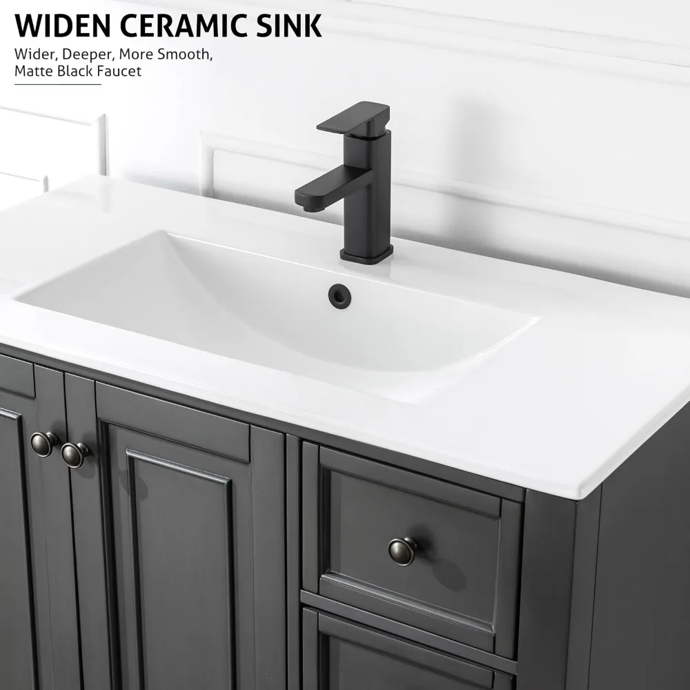 36" Bathroom Vanity Sink Combo Vintage Style with Painted Solid Wood Construction, Undermount Ceramic Sink with Faucet & Drain 4