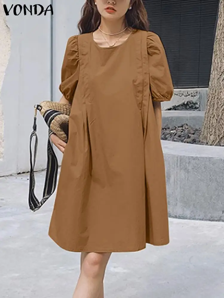 

VONDA Women Sundress Summer Mini Dress 2023 Elegant Short Sleeve Casual Fashion Loose Solid Color Pleated A-line Robe Femme