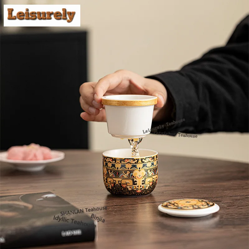 Tangka Enamel Color Travel Tea Set Kit Traditional 1 Cups Tea Making Organizer Portable Outdoor Tote Bag Ornaments Craft Gift