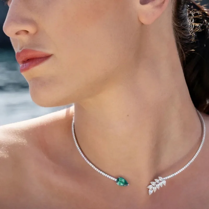 Stonefans Simple Green Crystal Rhinestone Collar Jewelry for Women Bridal Leaf Shape Open Necklace Choker Wediing Collar Chain