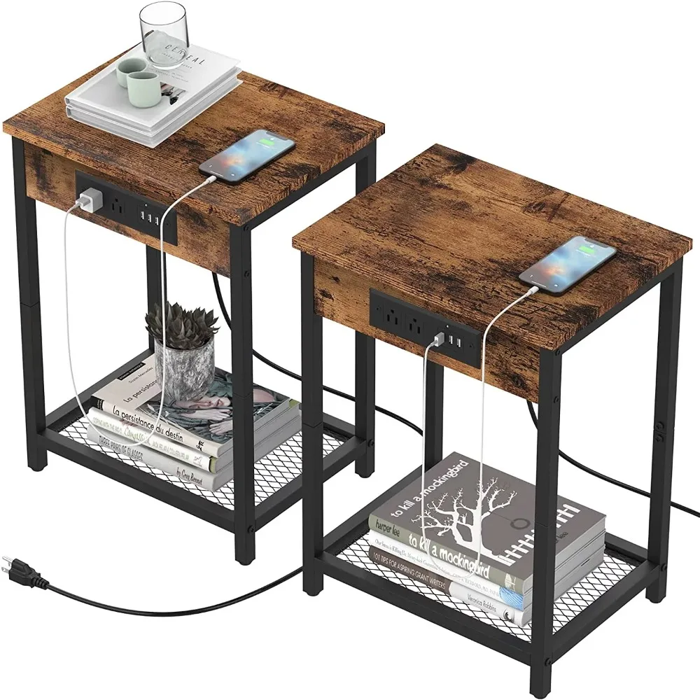 

Nightstand End Table With Charging Station Rustic Brown, Set Of 2