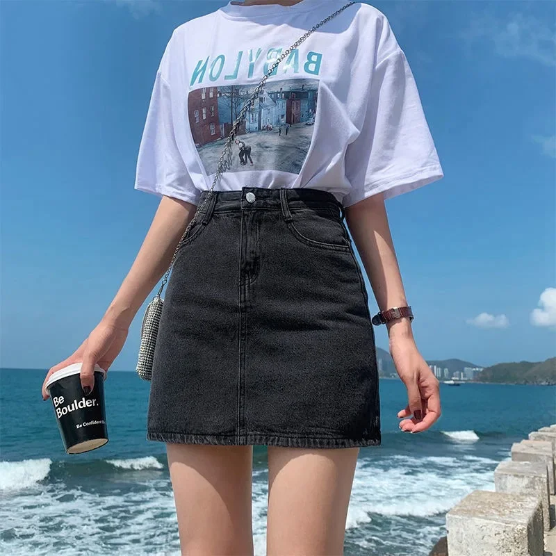 thumbnail image 1 of Vestido mini de mezclilla negra 2022, nuevo estilo, falda de línea A de cintura alta, vestido informal versátil de talla grande para mujer, verano, 1 of 5