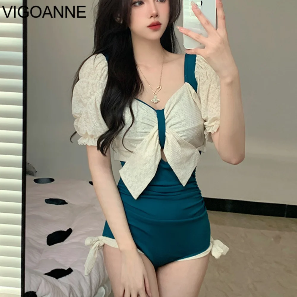 

VigoAnne Solid Short Sleeve Swimwear Women 2023 Sexy Push UP Backless One Piece Swimsuit Korean Monokini Lolita Bathing Suit