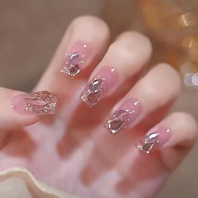 

Short Nail Care Patch Shiny Diamond Care Nail Art Fake Nails Wearable Nail Care Ballet Girls Press on Nails Tips Free Shipping