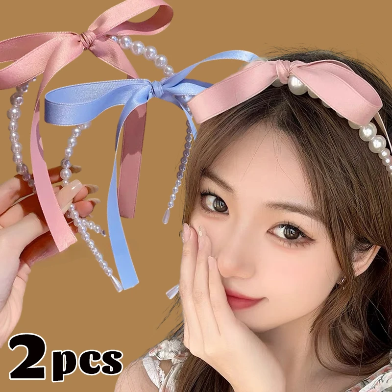 

France Pearl Hairband Sweet Elegant Bowknot Satin Fashion Simple Hair Accessory Handmade Hair Hoop for Women Lady Pink Headwear