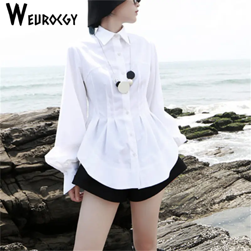 

2023 Spring Casual Slim Lanttern Sleeve Turn-Down Collar Single-Breasted Irregular Hem Women Shirts Reduce The Waist Streetwear