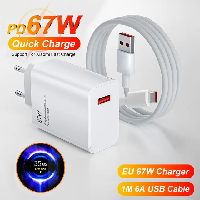 67W Fast Charger Wall Power Adapter 6A Type C Cable For Xiaomi Mi