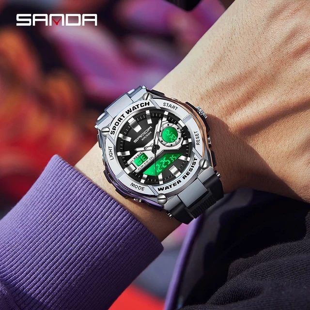 SANDA-Relógio de pulso de quartzo impermeável masculino, relógios esportivos, militar, LED, relógio digital masculino, novo, 50m, 3123, 2023 5