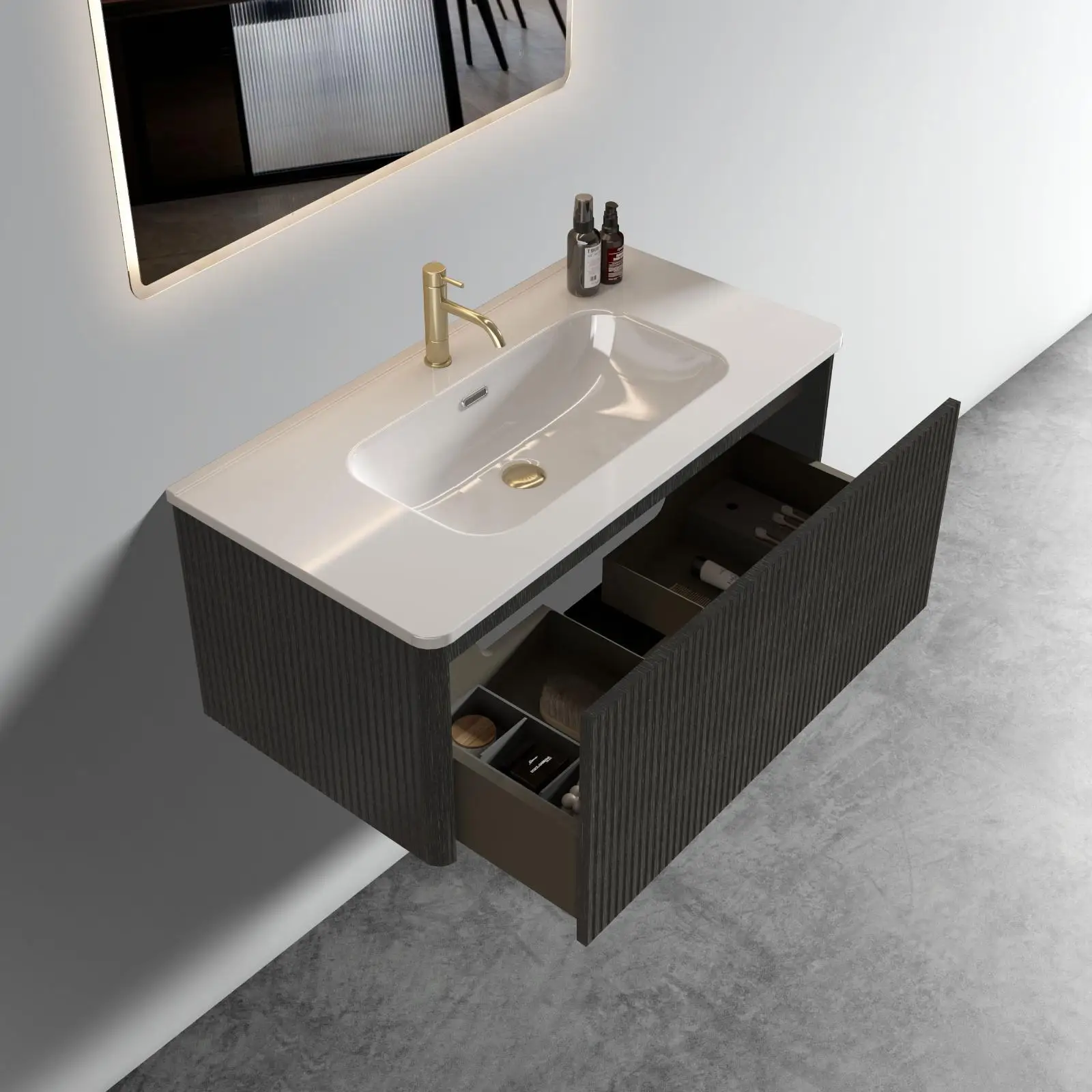 Brushed Black Oak Bathroom Vanity 36 Inch Floating Design White Ceramic Sink Included Luxury Sink Cabinet for Bathroom Remodel