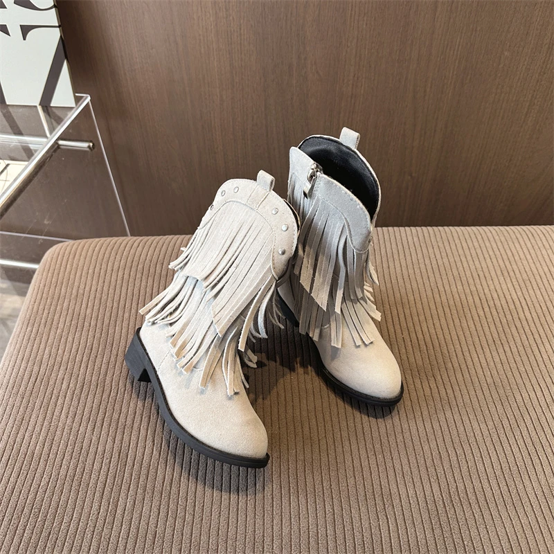 2025 Autumn New Children's Ankle Boots Retro Tassel Girls Fashion Princess Boots Solid Color Causal Non-slip Kids Leather Boots