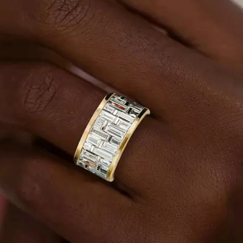 Huitan Wunderschöner zweifarbiger Damenring für Partys, luxuriöse Accessoires, eingelegter, heller, geometrischer, kubischer Zirkonia, ausgefallener, trendiger Schmuck – Detail 3