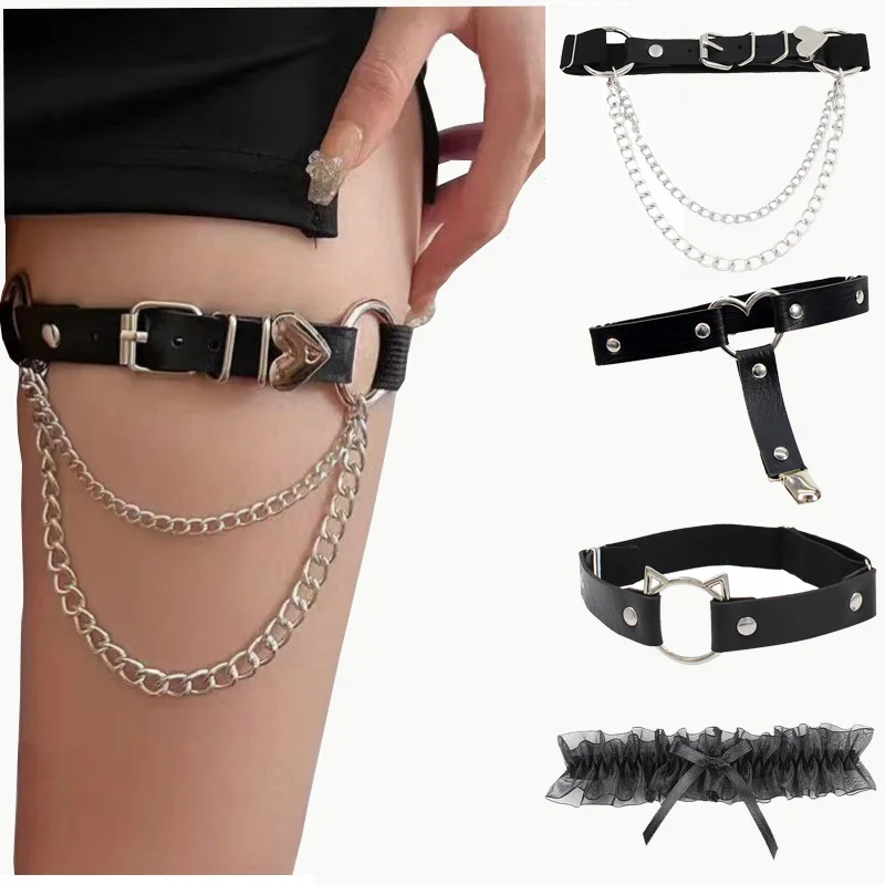 Ceinture de cuisse en cuir punk pour femme, sexy, élastique, style gothique, avec anneau décoratif pour la jambe, style Harajuku Hip-hop