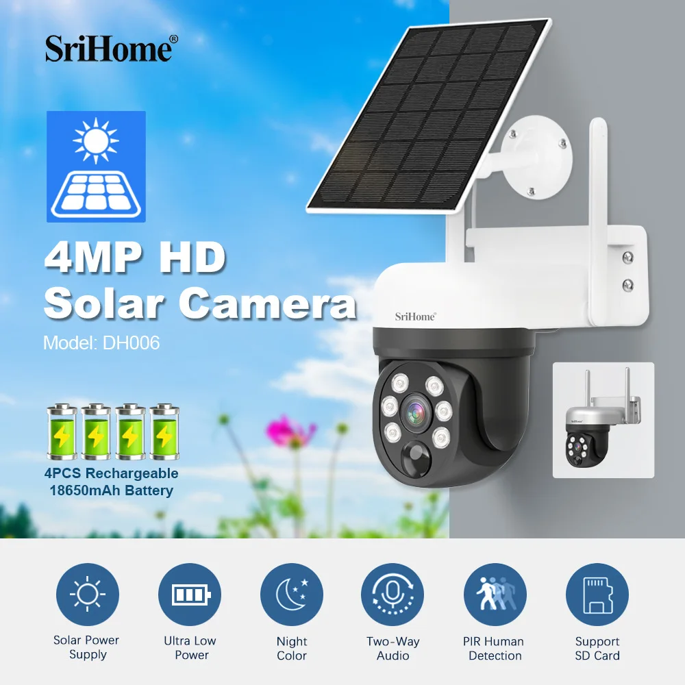 Srihome 4Mp Hd Wifi Ptz Camera Outdoor Wireless Solar Ip Camera Built-In 2 Batterie Pack Videocamera Di Sorveglianza App Cam