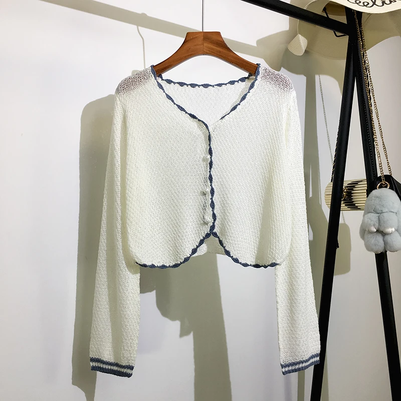

Lightweight Solid Knitted Women Sweater Cardigan Summer New 2022 V-Neck Button Long-Sleeved Vintage Female Outwear Coats