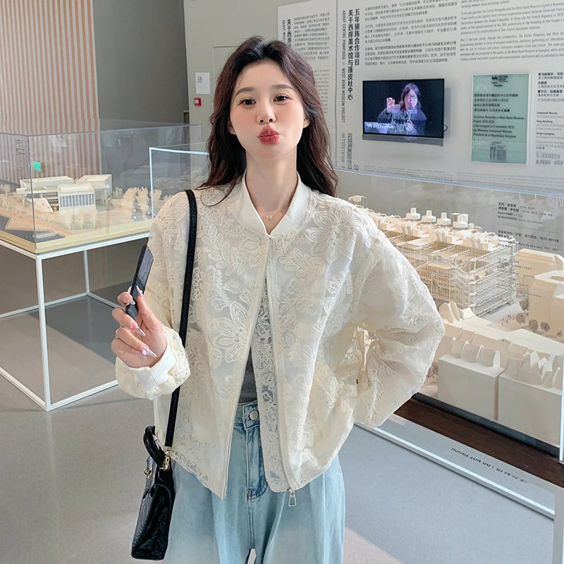 

Lace Embroidery Creamy-white Short Coat Women 2024 Spring Summer Elegant Sweet Girl Chic Loose Long Sleeve Bomber Jacket 1073