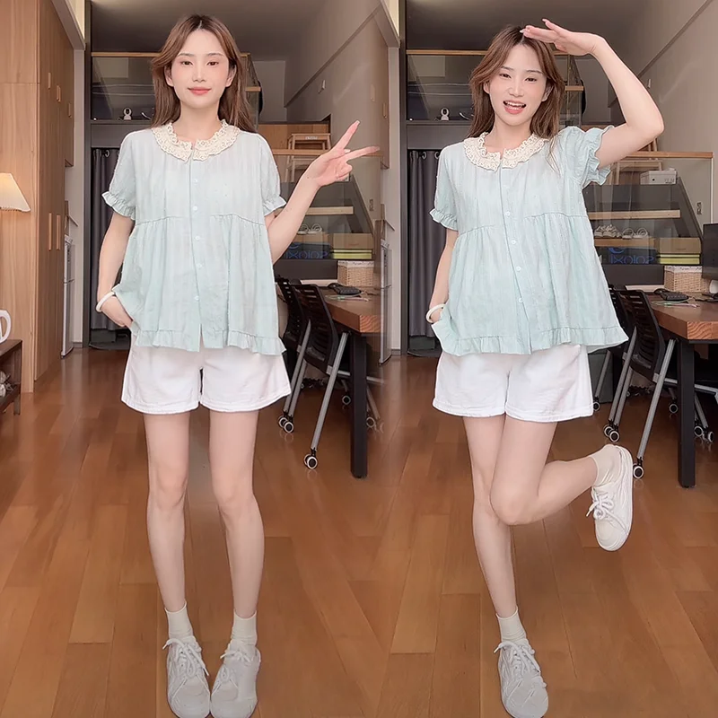 민트색 하프 슈가 레이스 트림 루즈핏 버블 슬리브 셔츠 화이트 데님 반바지 여름 한국 스타일 임부복 폴리에스터 코튼 안감