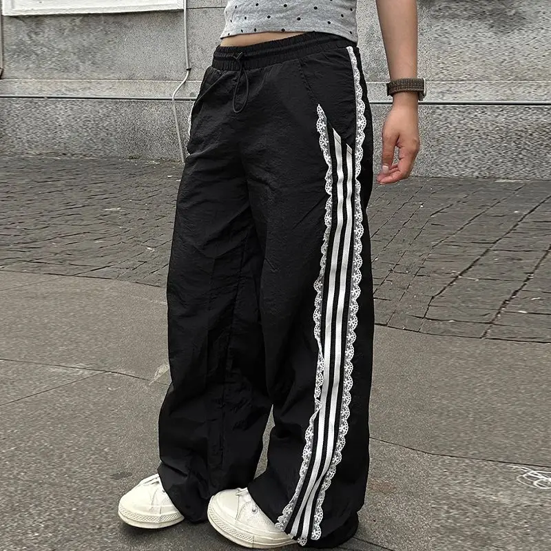 Deeptown Vintage Striped Black Sports Pants Women Baggy Patchwork Lace Wide Leg Jogging Trousers Summer Korean Casual Sweatpants cjlm selling casual 2 piece suit new animal 3d printing black white vortex print harajuku hoodie jogging pants wholesale