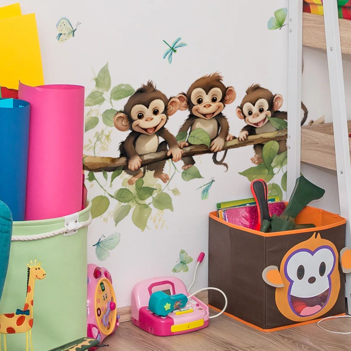 Cartoon Monkey on Branch with Green Leaves Wall Decals for Living Room Bedroom Background Decoration Self-adhesive and Removable