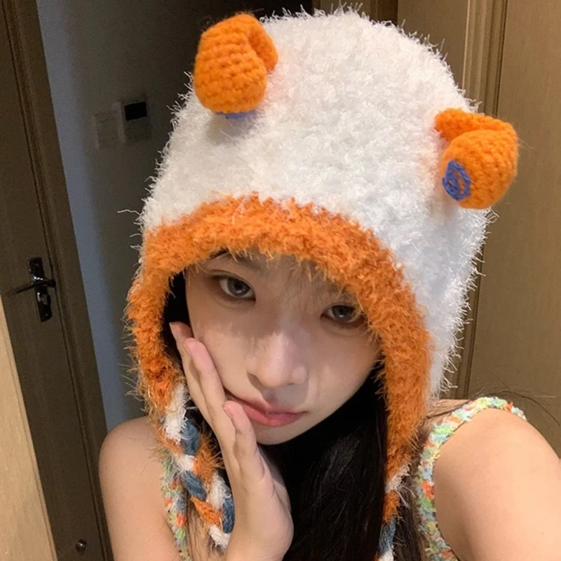 

Cartoon Snail Beanie Cap Windproof Winter Hat Female Ear Flat Hat Teens Girl Cap