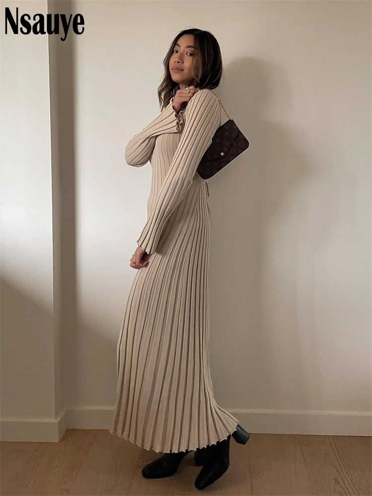 Nsauye Knitted Dresses For Women 2022 Autumn Winter Elegant Pleated Long  Dresses Long Sleeve V Neck Casual Slim White Maxi Dress