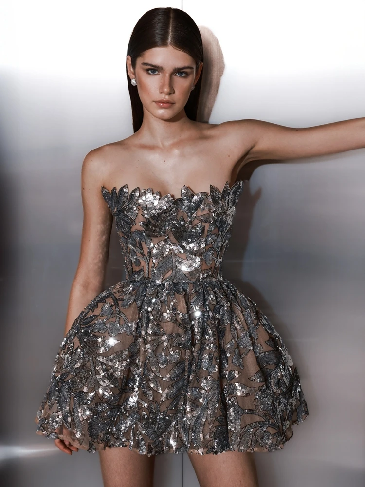 Sexy Strapless Lace-up Luxury Embroidered Sequins Mini Dress Women Sliver Sequins Sleeveless Backless A-line Dresses Cocktail 4