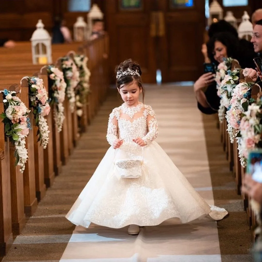White Flower Girl Dress Glitter Sparkly Maxi Train Lovely Bow Bead Floral Appqulies Princess Holy Fisrst Communion Ball Gown flower girl dresses,floral appliqu&eacute; dress