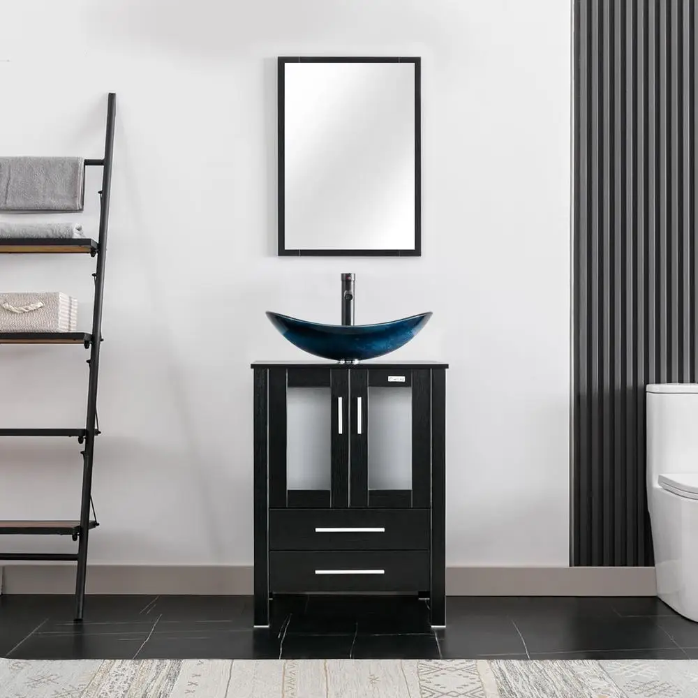 Modern 24" Black Bathroom Vanity Sink Combo with Blue Boat Glass Vessel Sink & Water Save Faucet & Storage Space & Easy Assembly 3