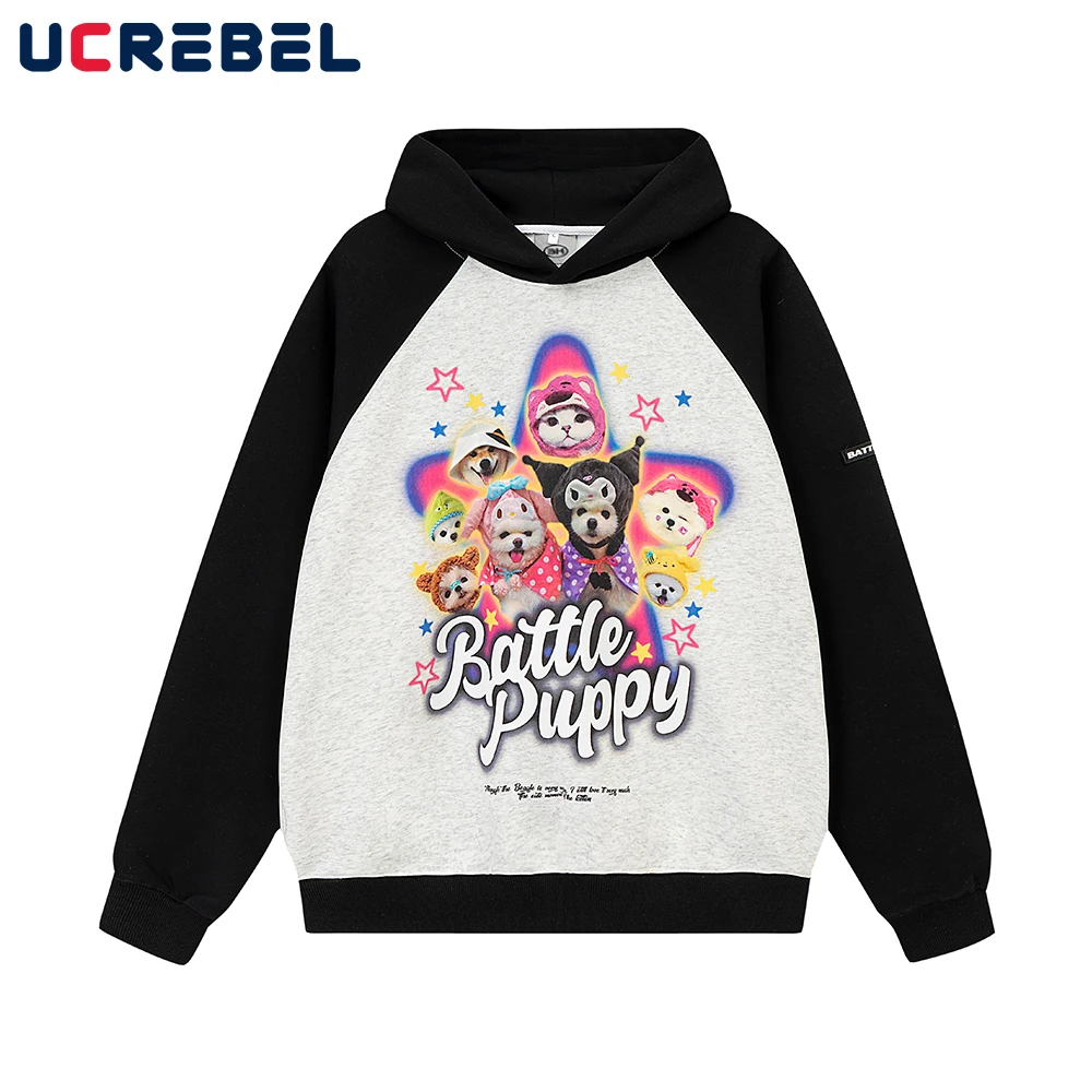 

Contrast Casual Hooded Sweatshirts Mens Streetwear Dog Print Loose Long Sleeve Side Pockets Hoodies Men