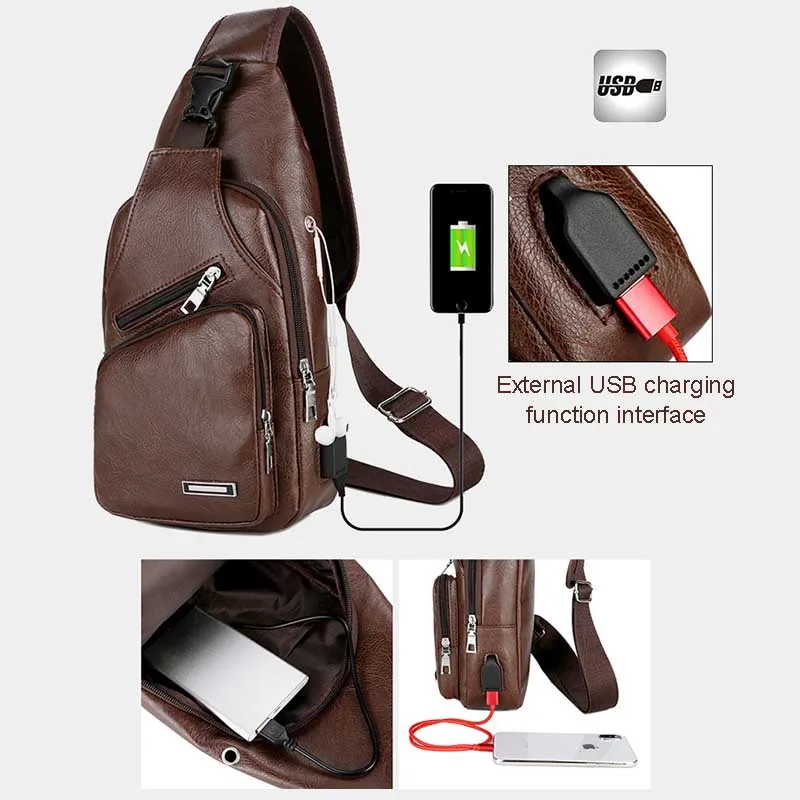 Men Teen Chest Pack Leather Sling Shoulder Bag Boys Portable USB Charging Phone Crossbody Bag Fashion Handbag Bolsa Deporte