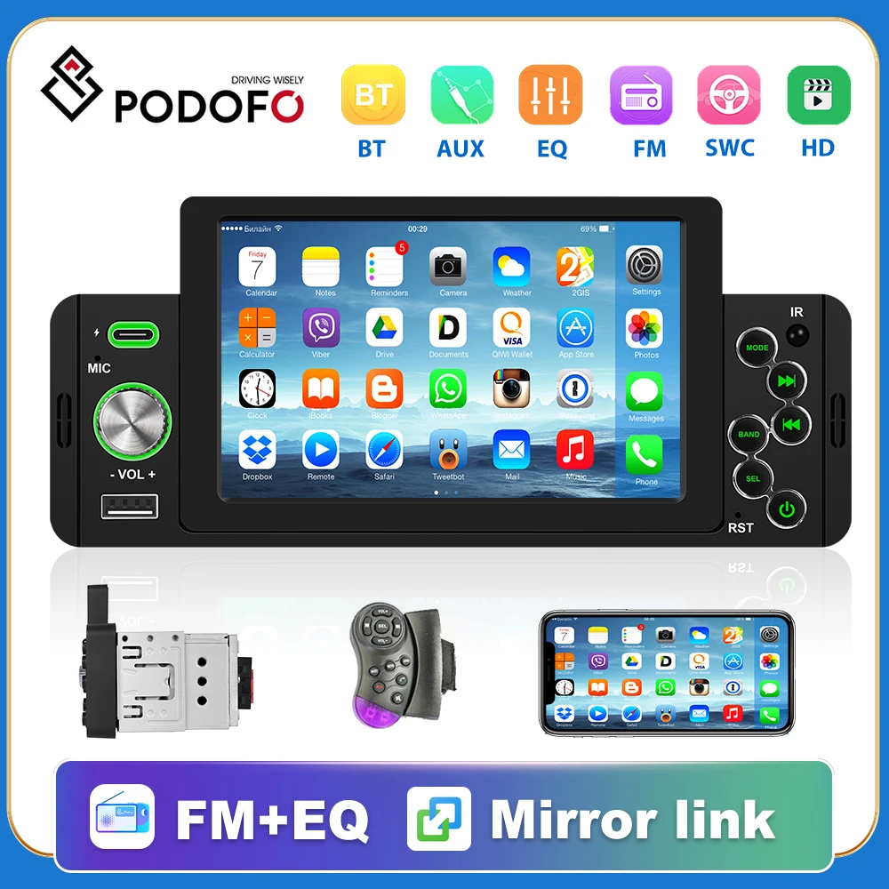 Podofo 1din Car mp5 Player with Bluetooth FM Radio Receiver Support TF/USB Rear View Camera Mirror link 1DIN C200s