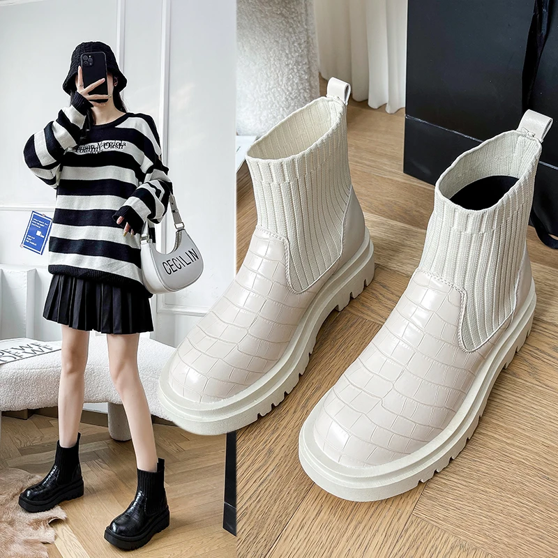 Women Ankle Boots Slip On Pu Leather Splicing Ladies Shoes Female Fashion Autumn Short Boot Non Slip Woman Platform Shoes New