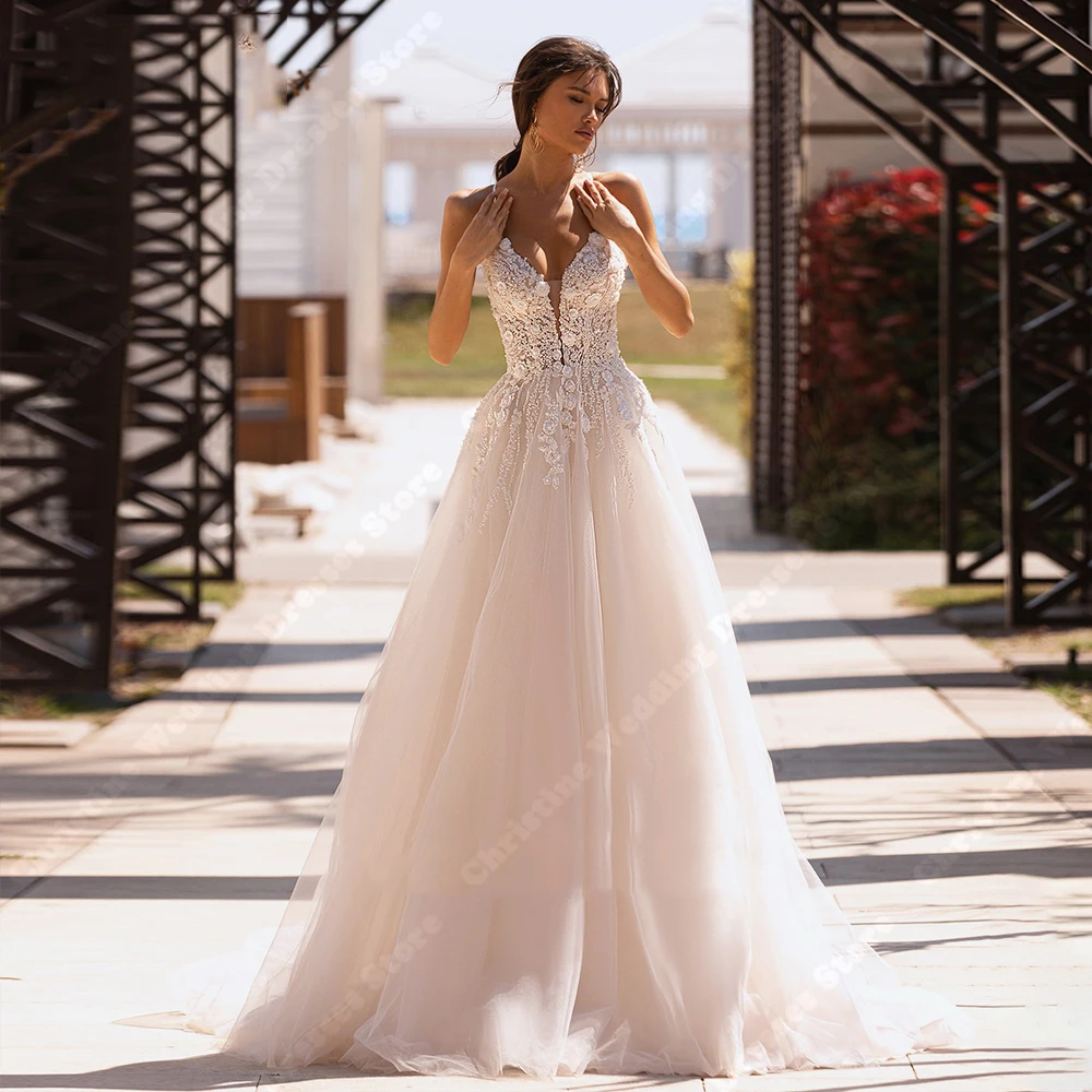 

Elegant A-Line Women Wedding Dresses Beauty Tulle Mopping Length Bride Gowns Modern Lace Appliques Fluffy Hems Vestidos De Novia