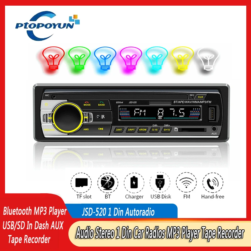 

Ptopoyun JSD-520 1 Din Car Radio Tape Recorder Bluetooth MP3 Player FM Audio Stereo Receiver Music USB/SD In Dash AUX Input